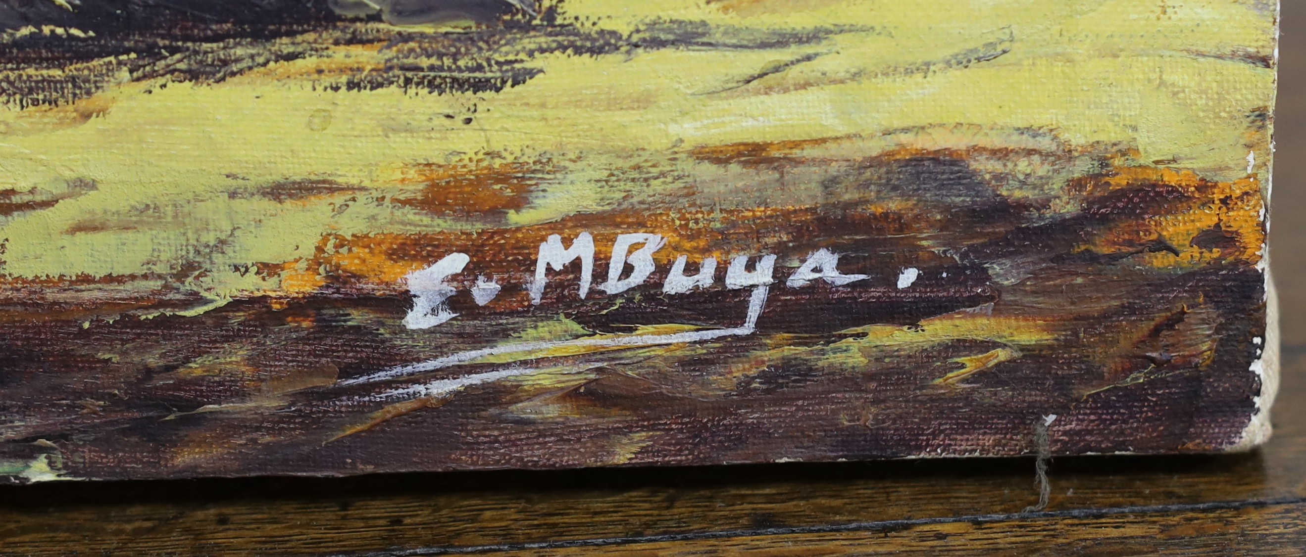 E.MBuya, oil on canvas, Village scene, signed, 47 x 71cm, unframed
